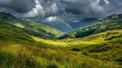 Fototapeta premium Storm Clearing Light Reveals Rainbow and Cloud Breaks Over Highlands in the Landscape at Mid-Afternoon Near the Valley