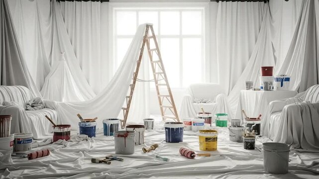 Renovation in Progress: A room transformed into a painter's creative haven, with paint cans and tools scattered across draped furniture, ready for a fresh new look.