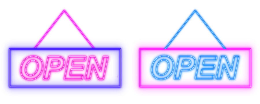 Open neon light text signs color set isolated shaped objects isolated on white background