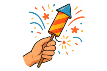 Hand holding firework rocket exploding, celebrating new year's eve party, festival fun with colorful sparkles