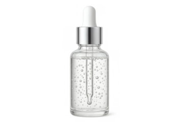 Clear cosmetic serum bottle with dropper, containing liquid and bubbles, skin care beauty product concept