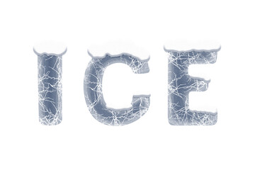 Frosted letters spelling ICE are adorned with soft snow caps, creating a winter-themed illustration that evokes a chilly atmosphere, perfect for seasonal designs and holiday graphics