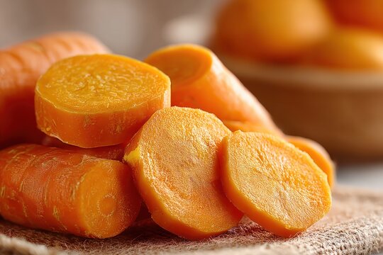 Fresh carrots cut into round slices are placed on a table with whole carrots in the background, ready for cooking - Powered by Adobe