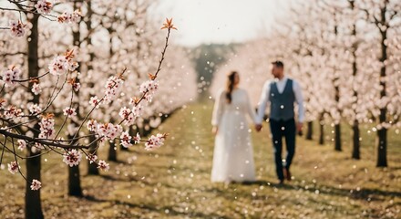 Newlyweds stroll hand in hand through a blooming orchard on their wedding day