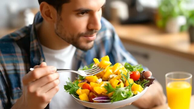 Man eating breakfast, healthy morning meal, nutritious food consumption, wellness start day, balanced diet choice, home dining setting, breakfast routine moment, faceless person ea