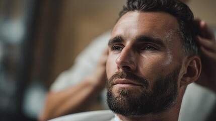 A man with a neatly styled beard sits comfortably in a barbershop chair, savoring a soothing grooming experience as the evening light filters through the windows, creating a warm atmosphere