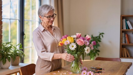An older woman is arranging a colorful bouquet of flowers in a glass vase on a wooden table.
