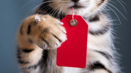 Adorable striped kitten holding a blank red price tag, symbolizing the cost, sale, or adoption of a domestic pet