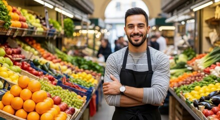 A smiling male produce seller stands proudly with arms crossed in a vibrant, busy outdoor market stall filled with fresh fruits and vegetables, showcasing his abundance and service.