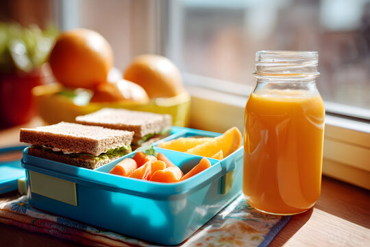 Bento box lunch with sandwiches and fresh fruit by a sunny window - Powered by Adobe