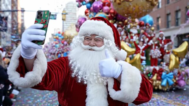 Festive santa takes selfies amidst a lively parade with colorful balloons. celebrating joy and togetherness in a vibrant street celebration.