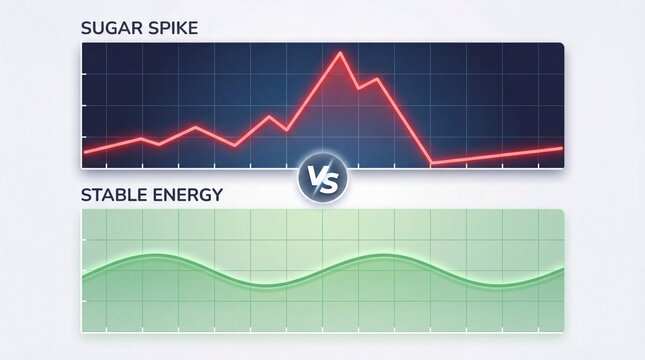 Dual chart compares sugar spike curve with smooth stable energy line, energy levels contrast between sharp glucose rush and gentle energy flow, healthy metabolism and daily performance concept
