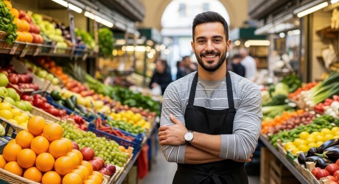 A smiling male produce seller stands proudly with arms crossed in a vibrant, busy outdoor market stall filled with fresh fruits and vegetables, showcasing his abundance and service. - Powered by Adobe