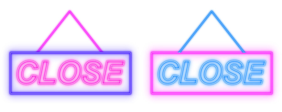 Close neon light text signs color set isolated shaped objects isolated on white background