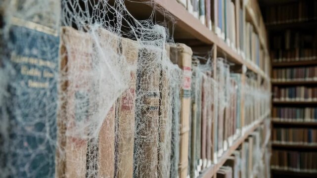 Video Old library books wrapped in cobwebs