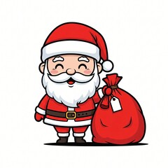 Cheerful cartoon Santa Claus with a big white beard and red suit He is smiling and holds a red gift sack with a tag