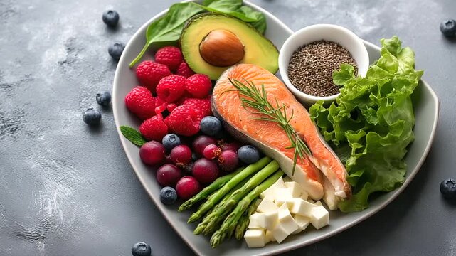 Flat lay composition, heart-healthy diet, plate products arrangement, grey background surface, cardiovascular nutrition focus, balanced meal display, wellness eating concept, defoc