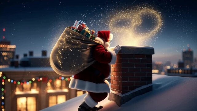 Santa claus with a large sack of presents magically disappearing down a snowy chimney on a city rooftop at night, leaving a trail of sparkling gold dust for christmas gift delivery