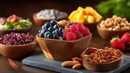 Healthy food selection, superfood assortment display, various fruits berries, nuts seeds arrangement, nutritional variety showcase, wellness eating concept, colorful produce collec