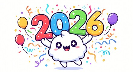 Happy cartoon character joyfully holding colorful 2026 numbers amidst confetti streamers and balloons