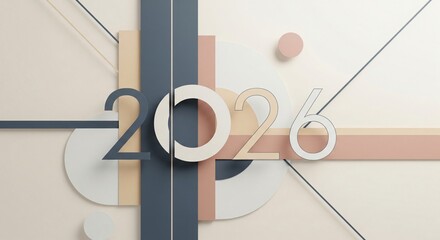 Stylized 3D composition showing the year 2026 with overlapping geometric elements and thin lines in muted colors