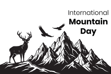 Black and white illustration of international mountain day with deer and eagles flying above peaks