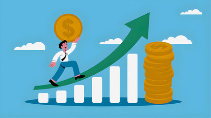 Illustration of a businessman climbing a rising graph bar holding a coin, symbolizing financial growth and investment success, with stacks of coins in the background