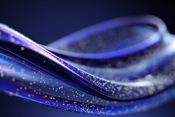 Abstract blue flowing ribbons with sparkling gold particles background
