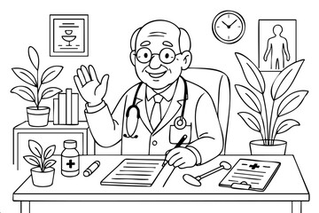 A doctor is sitting at a desk with a patient. The doctor is smiling and waving at the patient. There are several books on the desk, and a clock is on the wall. The room has a medical theme