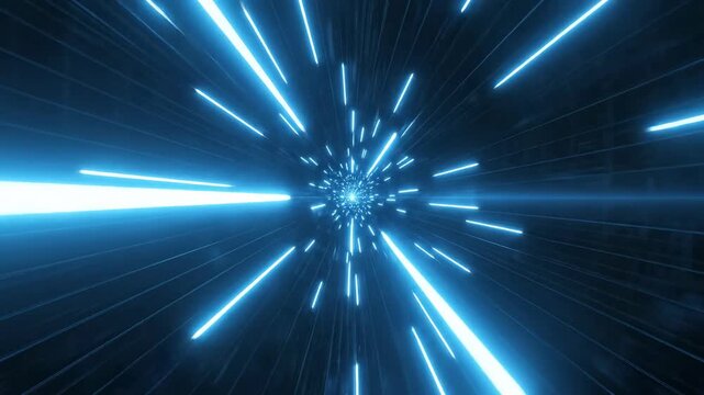 Infinite digital tunnel created by rapidly moving neon blue parallel lines that converge in a vanishing point on a dark gray grid background lines, perspective, vanishing point