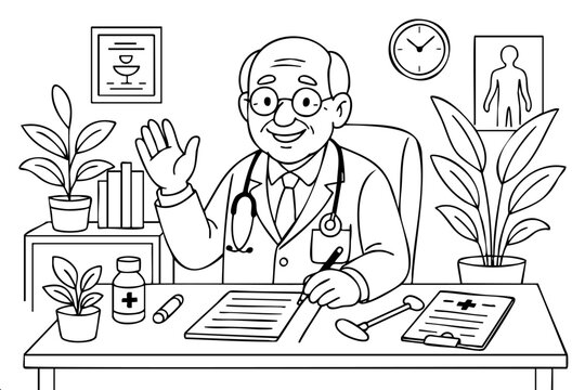 A doctor is sitting at a desk with a patient. The doctor is smiling and waving at the patient. There are several books on the desk, and a clock is on the wall. The room has a medical theme