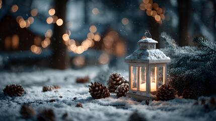 Snowy Christmas scene with a candle lit Lantern in the snow with pine cones and fir branches set against a forest background with Bokeh lights Christmas card image xmas wallpaper background