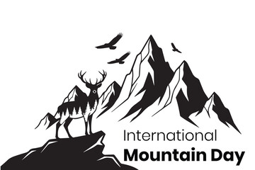 International mountain day illustration with deer, mountains, and eagles in black and white style