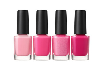 Obraz premium Four pink nail polish bottles on transparent background, showing beauty products for manicure and nail care