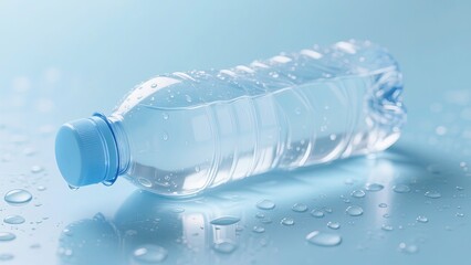 bottle of mineral water lying on the blue floor.