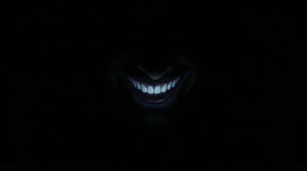 Creepy grin teeth smile emerges from the dark shadows, revealing a haunting face that hints at horror, suspense, and the chilling unknown lurking in the night