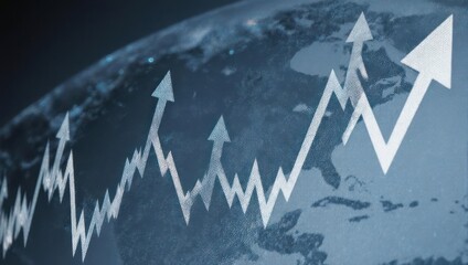 Conceptual globe overlayed with rising white arrows, illustrating growth and progress