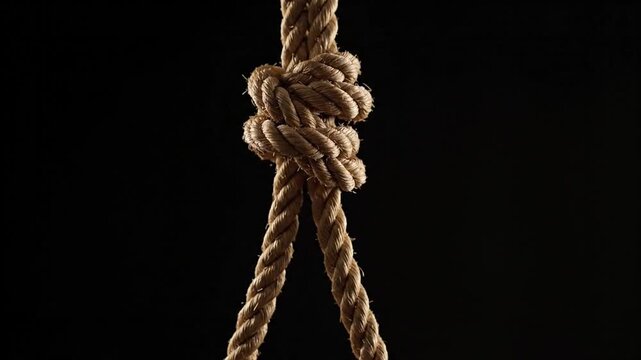 Thick Brown Rope Tied in a Secure Knot Against a Dark Black Background with Dramatic Lighting Emphasizing Texture and Detail