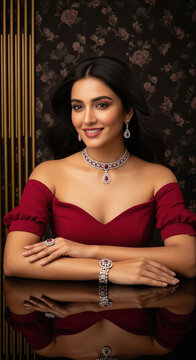 Elegant Woman Showcasing Stunning Ruby Diamond Jewelry Set
