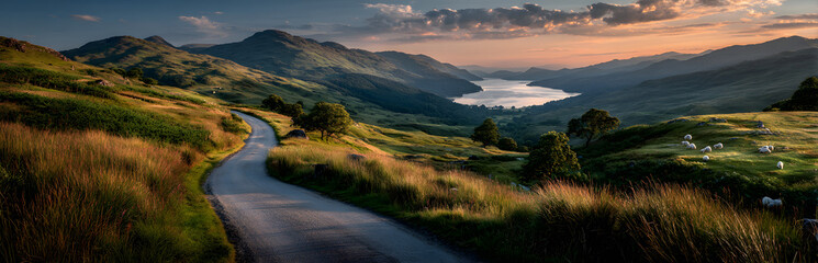 Golden sun sets over winding rural road in Scottish hills. Green pastures with grazing sheep stretch across rolling landscape. Distant mountains, serene lake appear under evening sky. Scenic travel