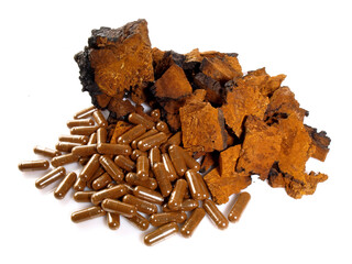 Food and Health - Chaga Mushroom with Capsules isolated on white Background - Healthy Nutrition