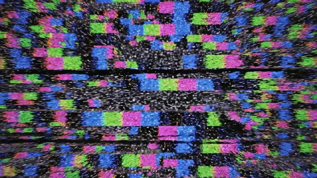 Intense digital disruption simulation with extreme pixelation and static noise creating a chaotic, fractured visualization of data error Intense digital disruption, cyberpunk, broken screen