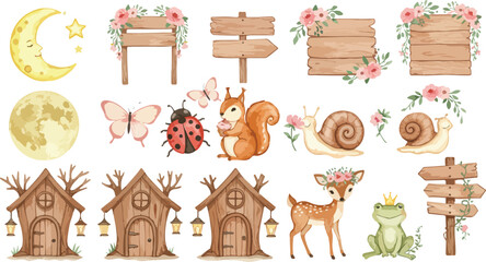 Whimsical watercolor woodland creatures and enchanted forest elements for children s designs