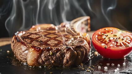 Close-up of a perfectly grilled, sizzling steak with smoky aroma and fresh cherry tomato garnish, served on a dark slate for a gourmet dining experience