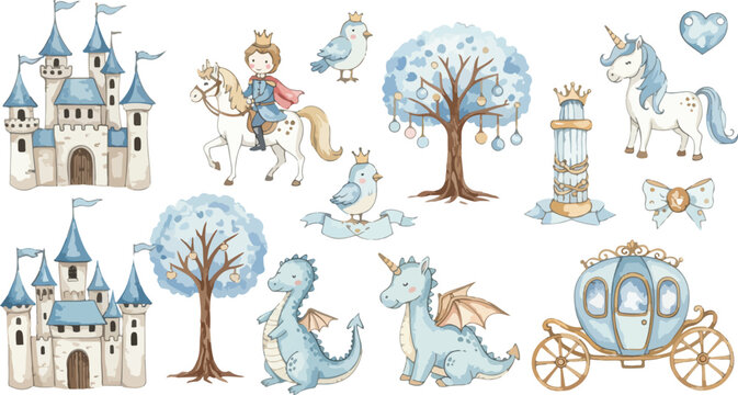 Whimsical watercolor collection of fairy tale elements including castles dragons unicorns and a prince on a horse