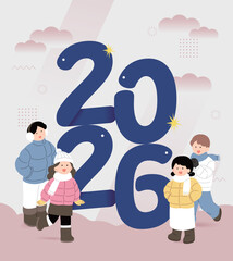 회색 배경 2026년의 해, 겨울 옷을 입은 사람들 일러스트