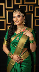 Elegant South Indian Woman in Green Saree with Gold Jewelry