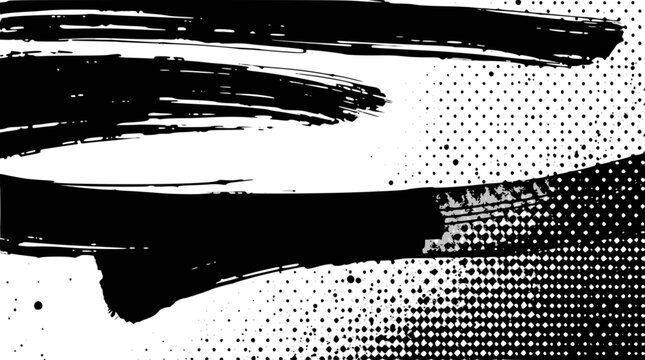 Black and white abstract image with dynamic brush strokes and halftone dot patterns, creating a graphic art style.