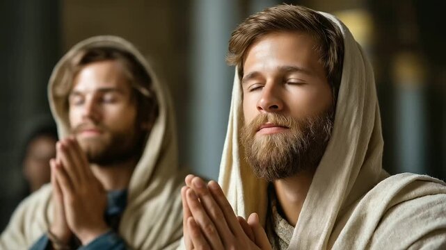 Two men apostles, ancient robes wearing, praying sick woman, biblical times representation, healing faith concept, spiritual intercession display, faceless figures praying, defocus