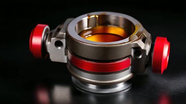 Used crankshaft detail, three-piston engine component, black background isolation, red highlight accent, oil film visible, connecting rod focus, motorcycle part showcase , with cop